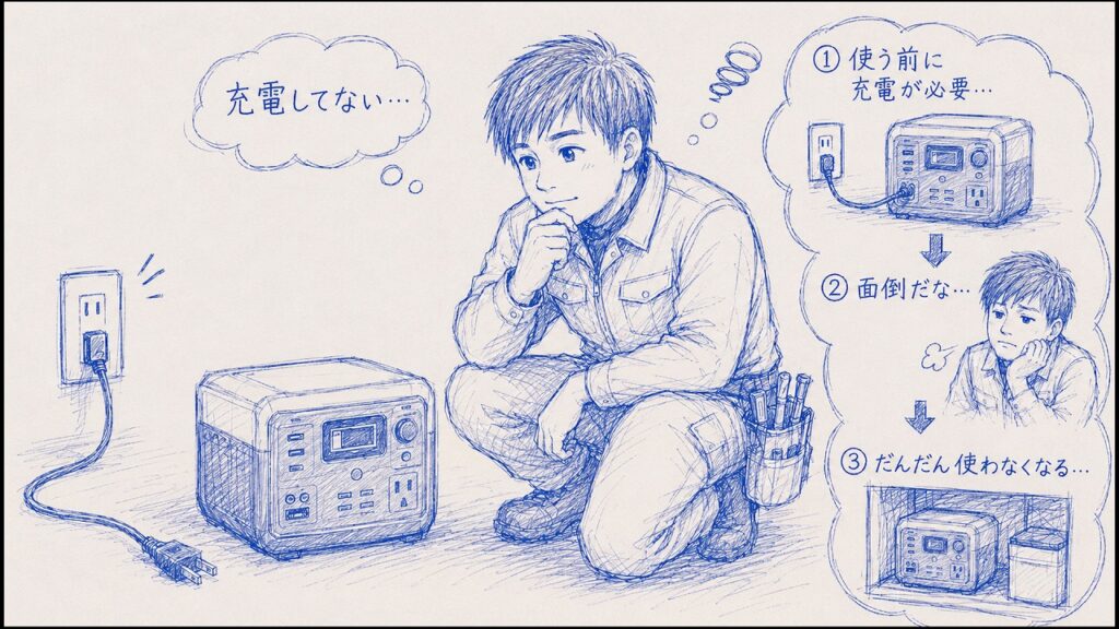 【画像11:充電していない、面倒、だんだん使わなくなる流れを説明したイラスト】